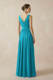 A-Line V-Neck Pleated Chiffon Bridesmaid Dress in Blue Jay