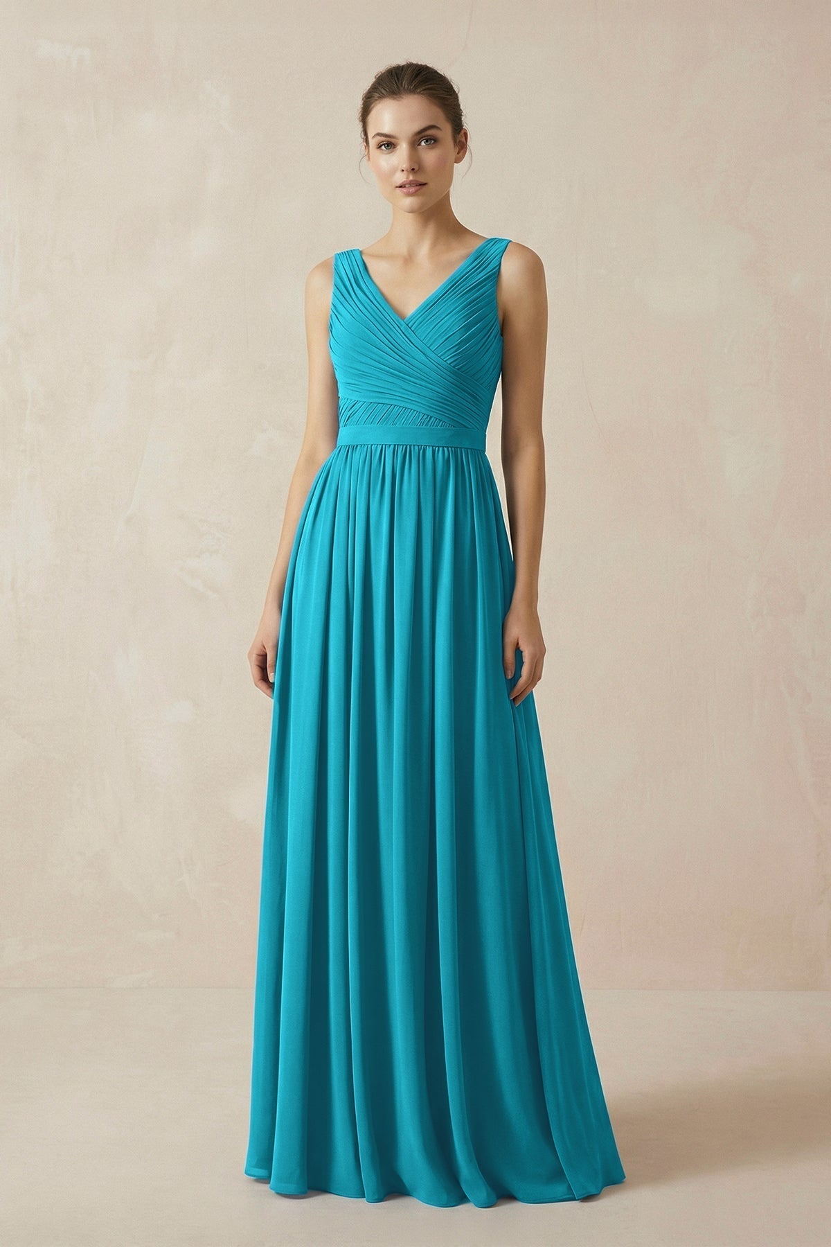 A-Line V-Neck Pleated Chiffon Bridesmaid Dress in Blue Jay