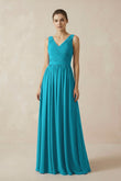 A-Line V-Neck Pleated Chiffon Bridesmaid Dress in Blue Jay