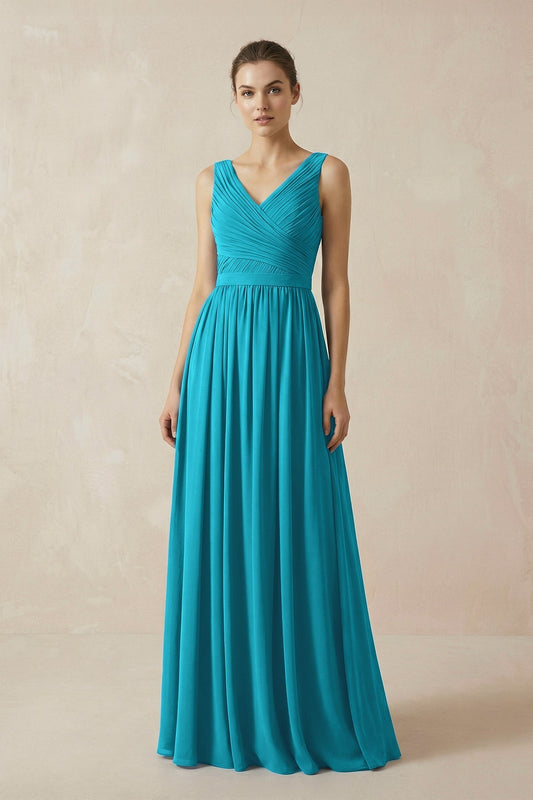 A-Line V-Neck Pleated Chiffon Bridesmaid Dress in Blue Jay