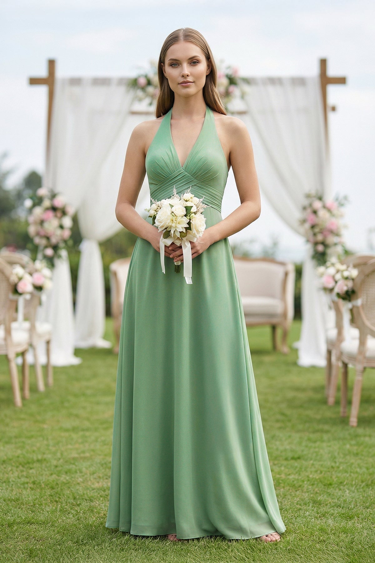 V-Neck Pleated A-Line Chiffon Bridesmaid Dress in Sea Glass