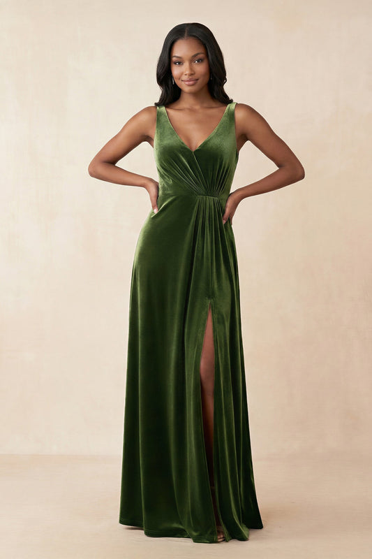 V-Neck Ruched A-Line Velvet Bridesmaid Dress in Olive