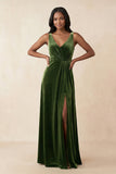 V-Neck Ruched A-Line Velvet Bridesmaid Dress in Olive