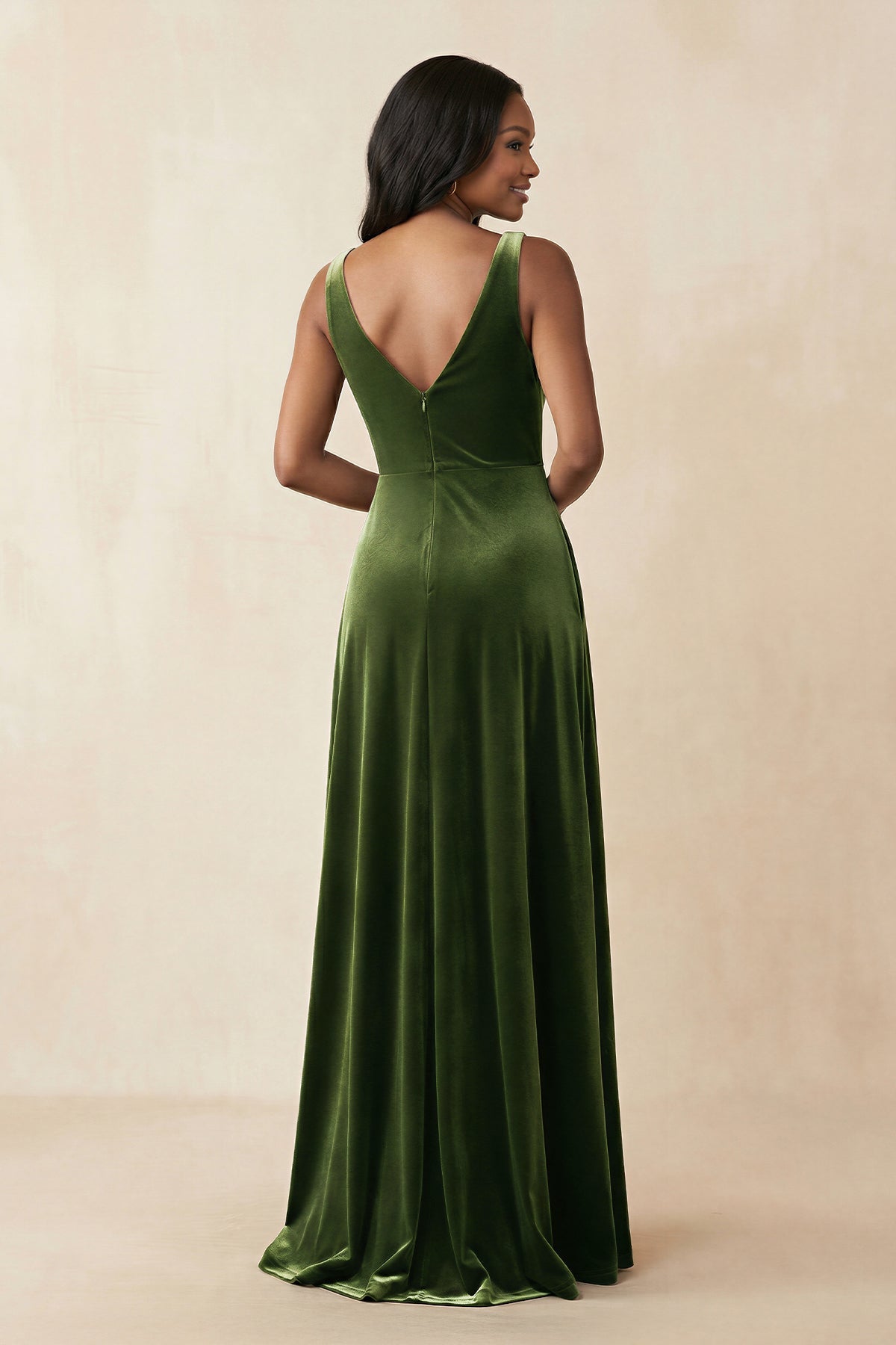 V-Neck Ruched A-Line Velvet Bridesmaid Dress in Olive