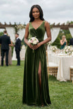 V-Neck Ruched A-Line Velvet Bridesmaid Dress in Olive