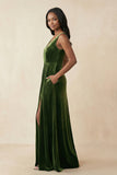 V-Neck Ruched A-Line Velvet Bridesmaid Dress in Olive