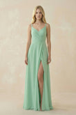 V-Neck Ruched Chiffon Bridesmaid Dress with Slit in Pale Pistachio