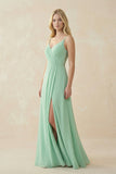 V-Neck Ruched Chiffon Bridesmaid Dress with Slit in Pale Pistachio
