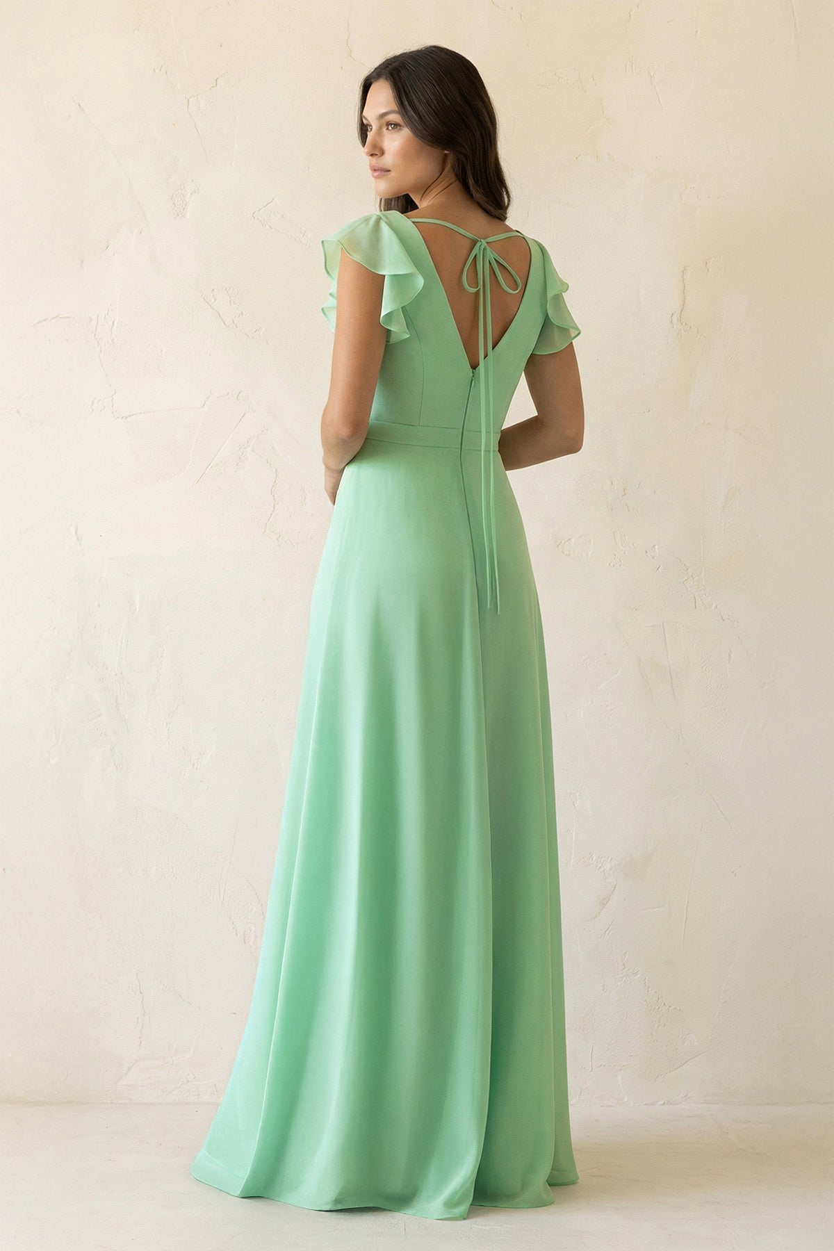 V-Neck Ruffled A-Line Chiffon Bridesmaid Dress in Pale Pistachio