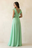 V-Neck Ruffled A-Line Chiffon Bridesmaid Dress in Pale Pistachio