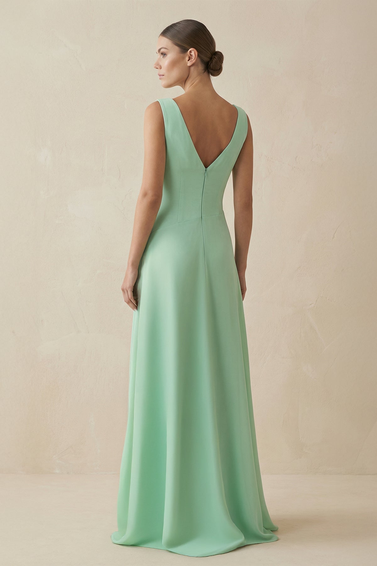 V-Neck A-Line Chiffon Ruffled Bridesmaid Dress in Pale Pistachio