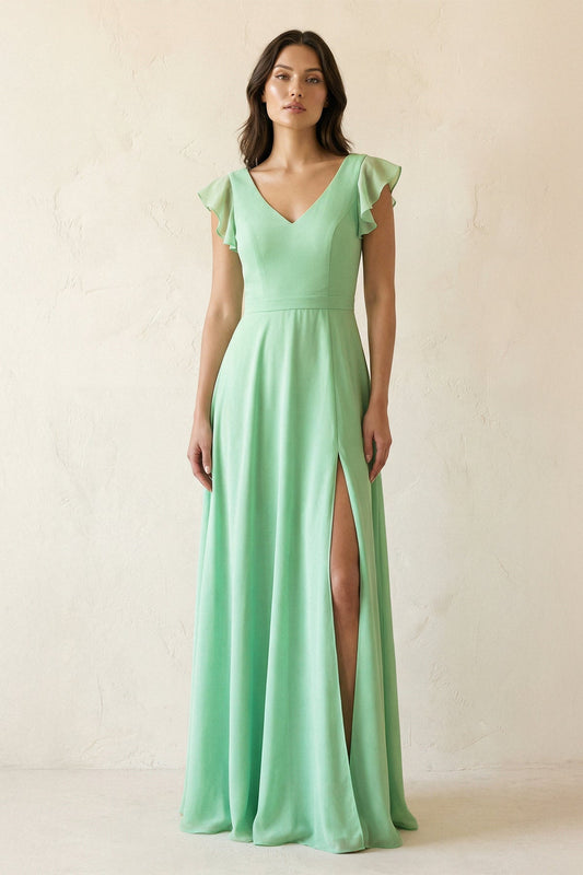V-Neck Ruffled A-Line Chiffon Bridesmaid Dress in Pale Pistachio