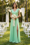 V-Neck Ruffled A-Line Chiffon Bridesmaid Dress in Pale Pistachio