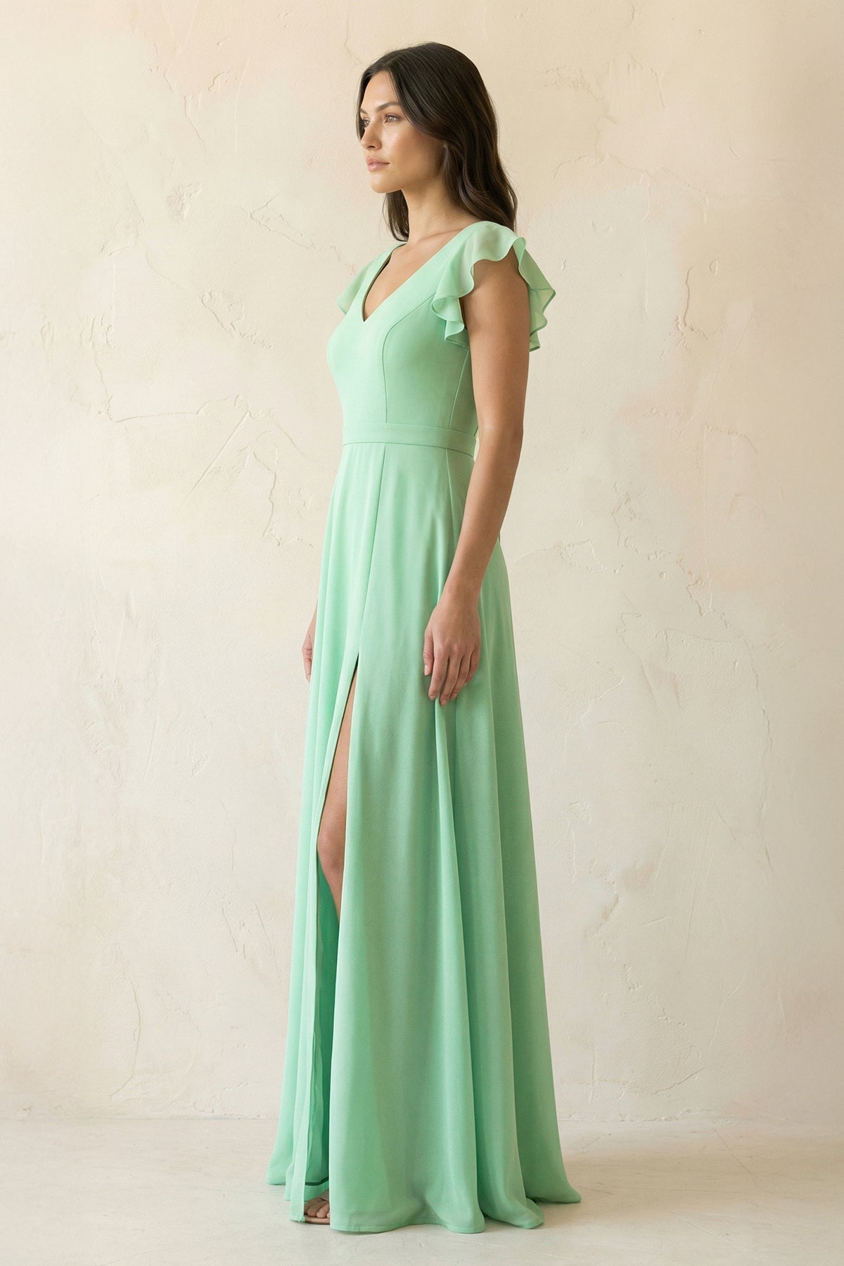 V-Neck Ruffled A-Line Chiffon Bridesmaid Dress in Pale Pistachio