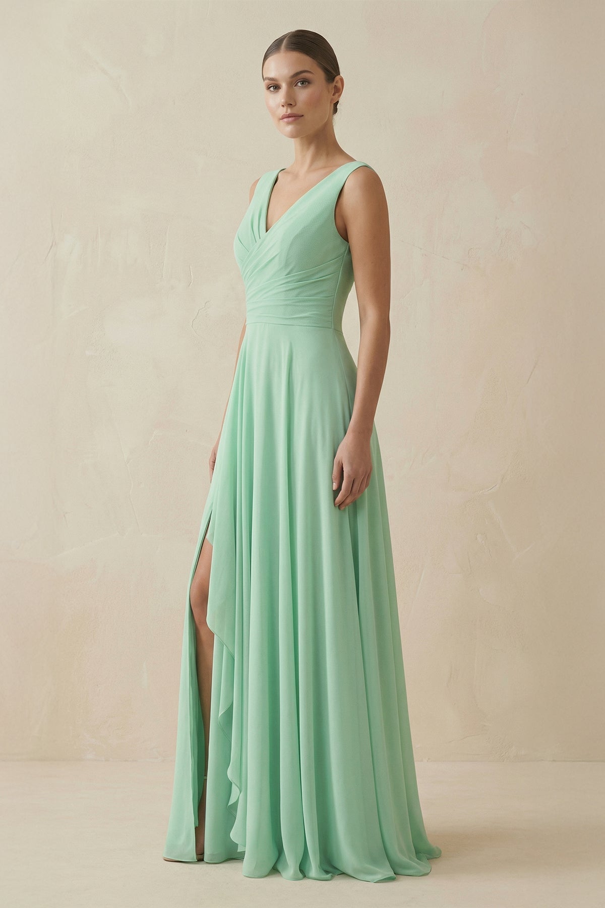 V-Neck A-Line Chiffon Ruffled Bridesmaid Dress in Pale Pistachio