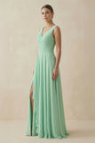 V-Neck A-Line Chiffon Ruffled Bridesmaid Dress in Pale Pistachio