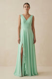 V-Neck A-Line Chiffon Ruffled Bridesmaid Dress in Pale Pistachio