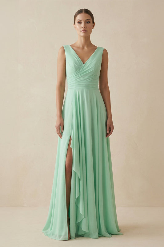 V-Neck A-Line Chiffon Ruffled Bridesmaid Dress in Pale Pistachio
