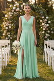V-Neck A-Line Chiffon Ruffled Bridesmaid Dress in Pale Pistachio