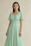 V-Neck Ruffled Sleeve A-Line Chiffon Bridesmaid Dress in Pale Pistachio