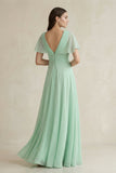 V-Neck Ruffled Sleeve A-Line Chiffon Bridesmaid Dress in Pale Pistachio