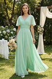 V-Neck Ruffled Sleeve A-Line Chiffon Bridesmaid Dress in Pale Pistachio