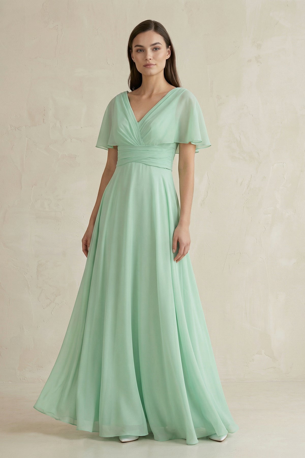 V-Neck Ruffled Sleeve A-Line Chiffon Bridesmaid Dress in Pale Pistachio