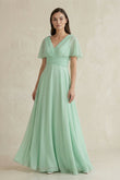 V-Neck Ruffled Sleeve A-Line Chiffon Bridesmaid Dress in Pale Pistachio