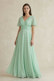 V-Neck Ruffled Sleeve A-Line Chiffon Bridesmaid Dress in Pale Pistachio