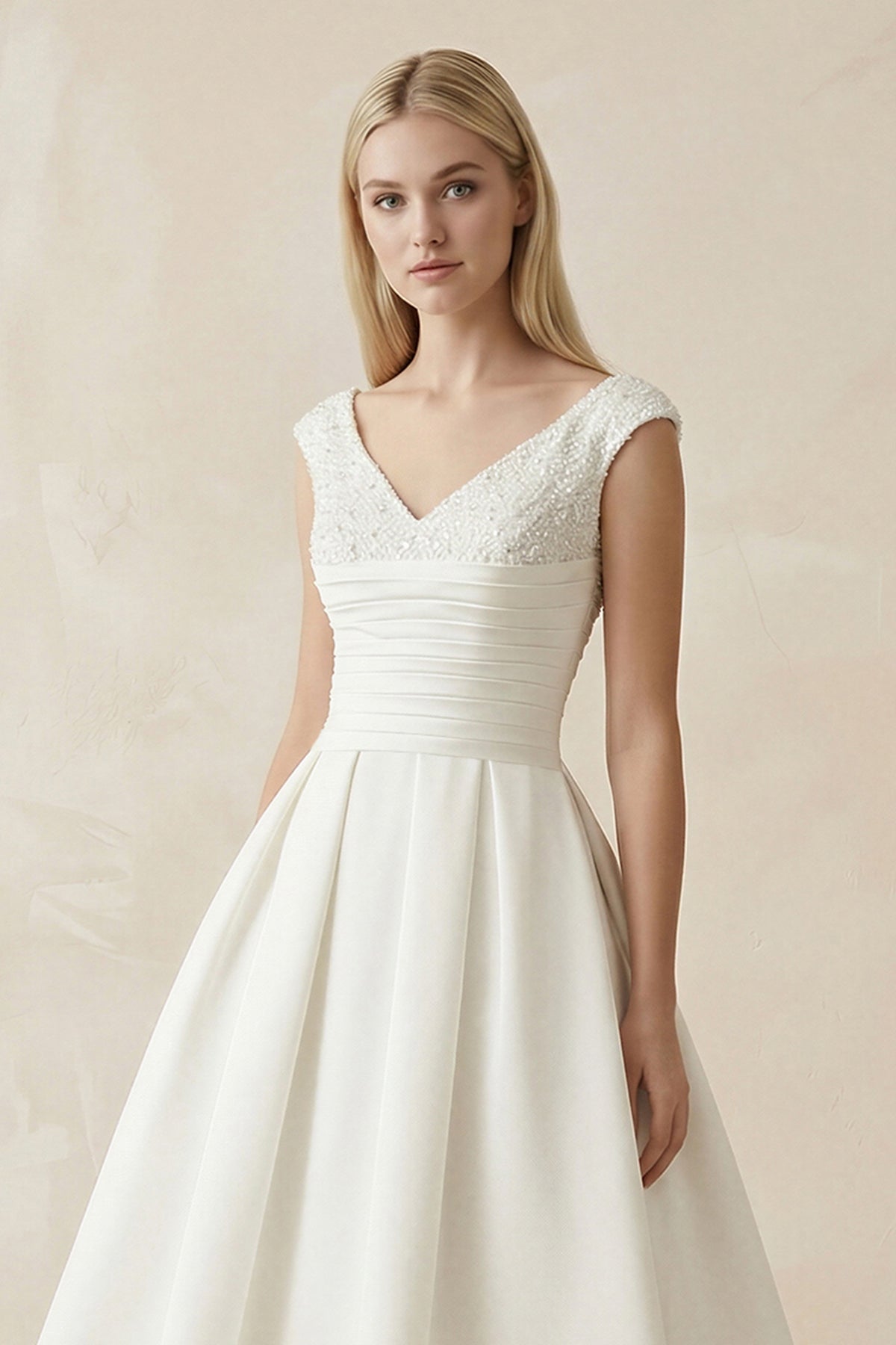 V-Neck Satin A-Line Midi Beaded Wedding Dress in White