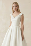 V-Neck Satin A-Line Midi Beaded Wedding Dress in White