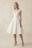 V-Neck Satin A-Line Midi Beaded Wedding Dress in White