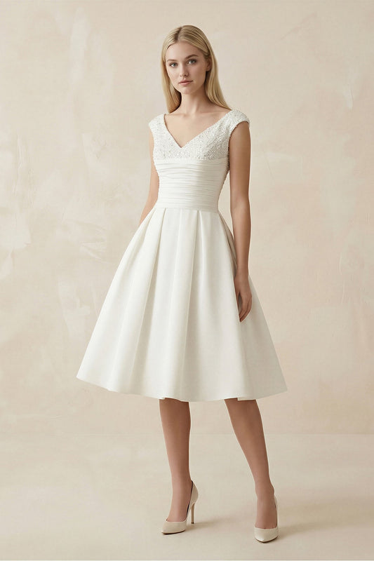 V-Neck Satin A-Line Midi Beaded Wedding Dress in White