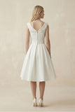 V-Neck Satin A-Line Midi Beaded Wedding Dress in White