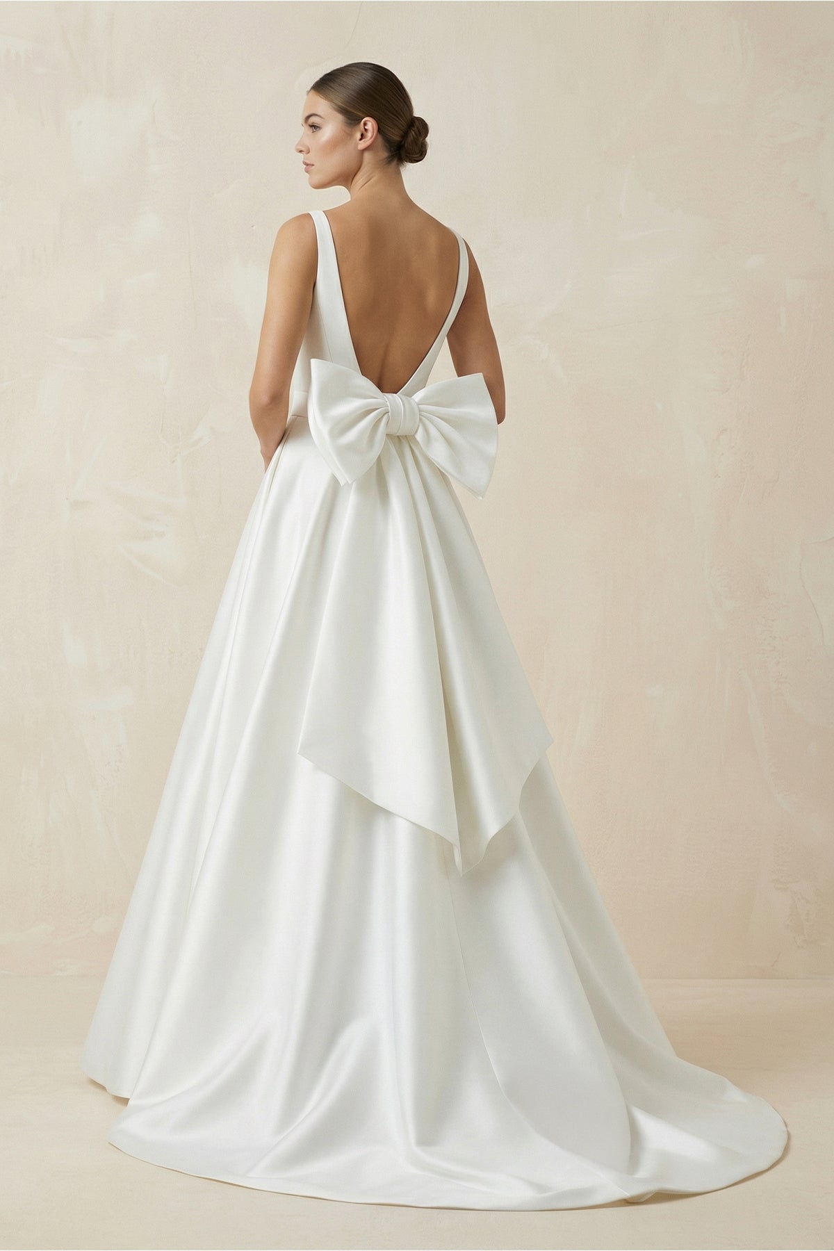 Ivory A-Line Deep V-Neck Long Wedding Dress with Bowknot