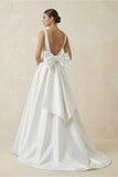 Ivory A-Line Deep V-Neck Long Wedding Dress with Bowknot