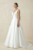 Ivory A-Line Deep V-Neck Long Wedding Dress with Bowknot