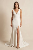 V-Neck Satin Mermaid Wedding Dress With Slit in Ivory