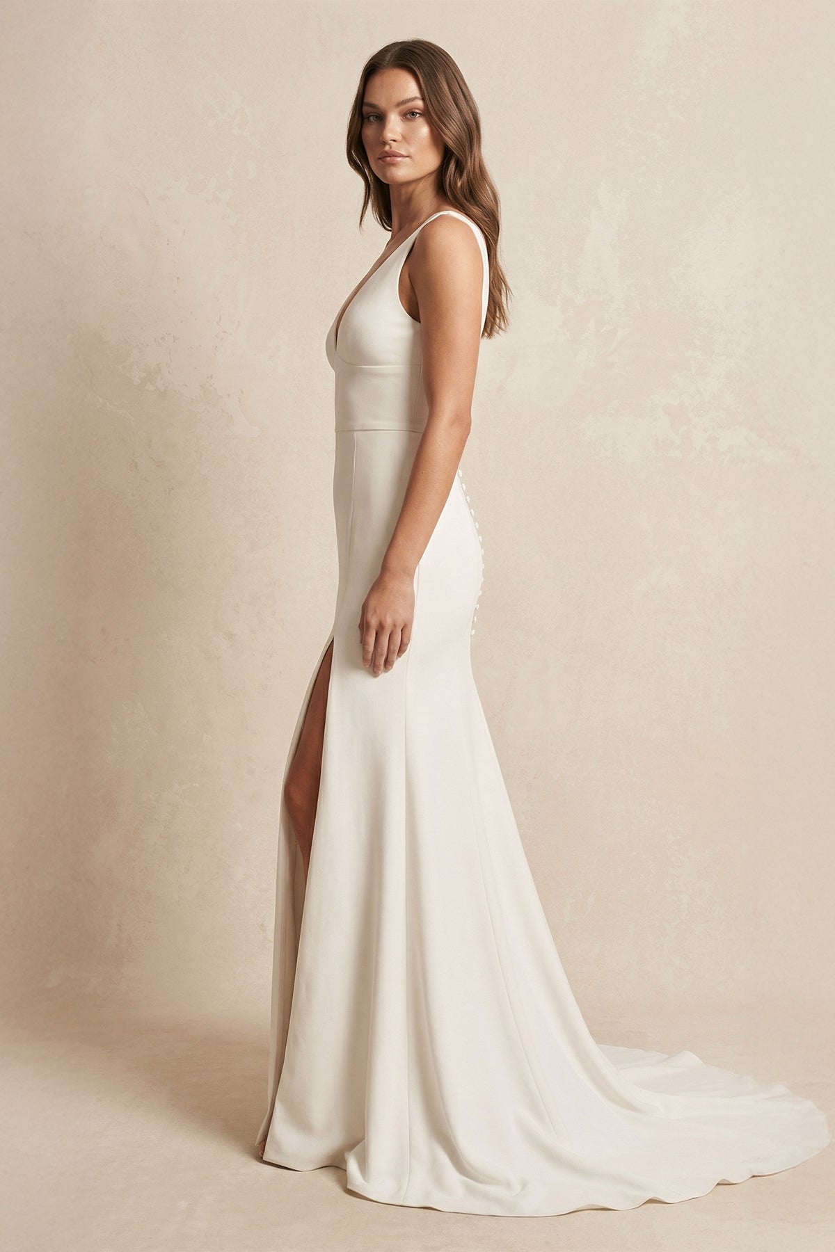 V-Neck Satin Mermaid Wedding Dress With Slit in Ivory