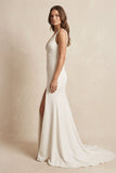 V-Neck Satin Mermaid Wedding Dress With Slit in Ivory