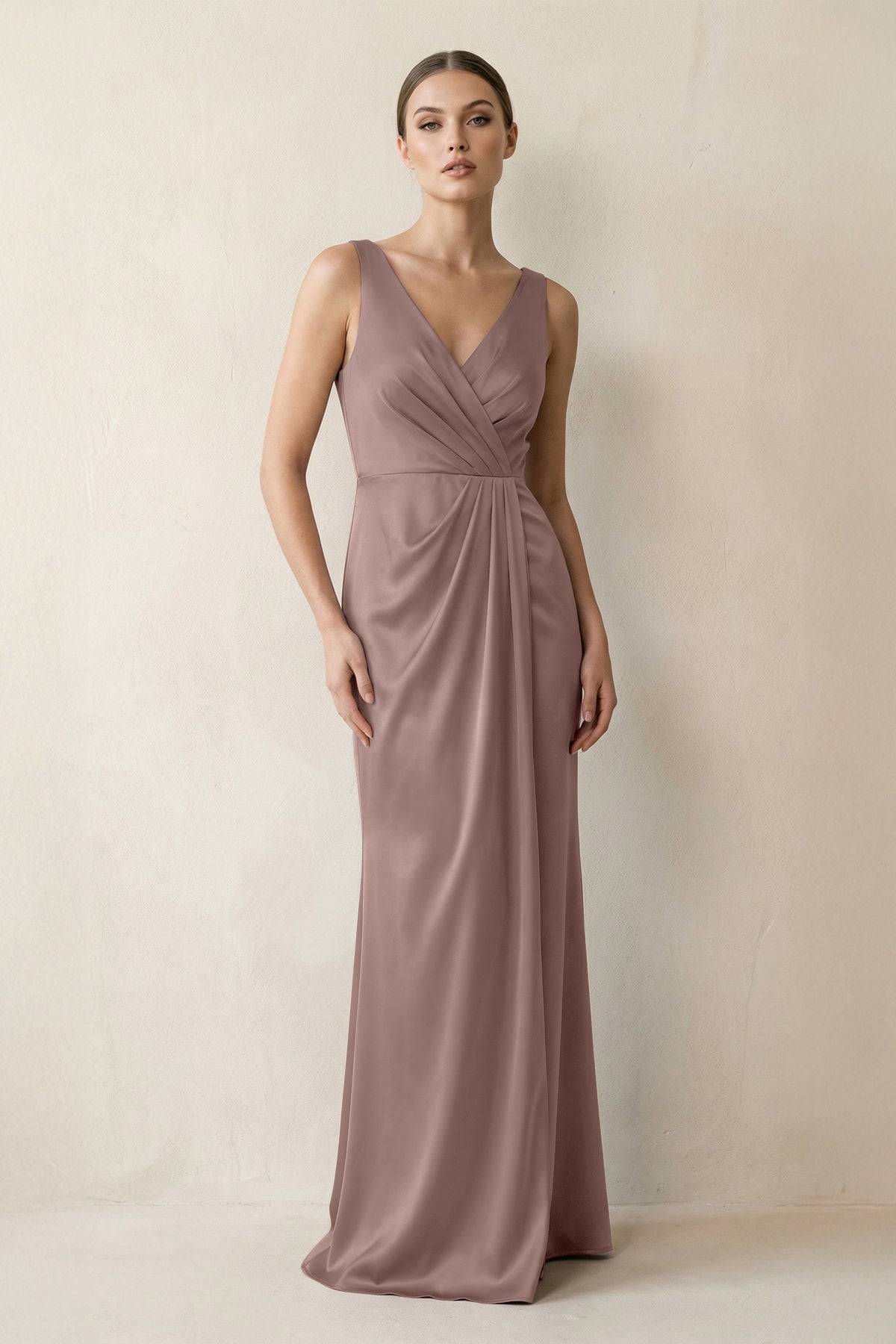 V-Neck Satin Ruched Sheath Bridesmaid Dress in Toffee