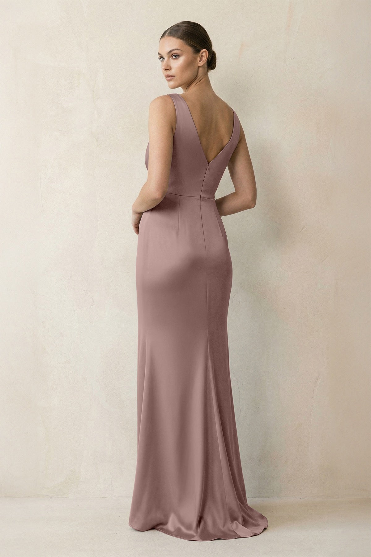 V-Neck Satin Ruched Sheath Bridesmaid Dress in Toffee