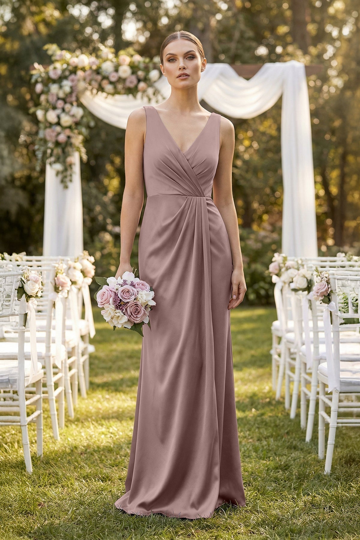 V-Neck Satin Ruched Sheath Bridesmaid Dress in Toffee