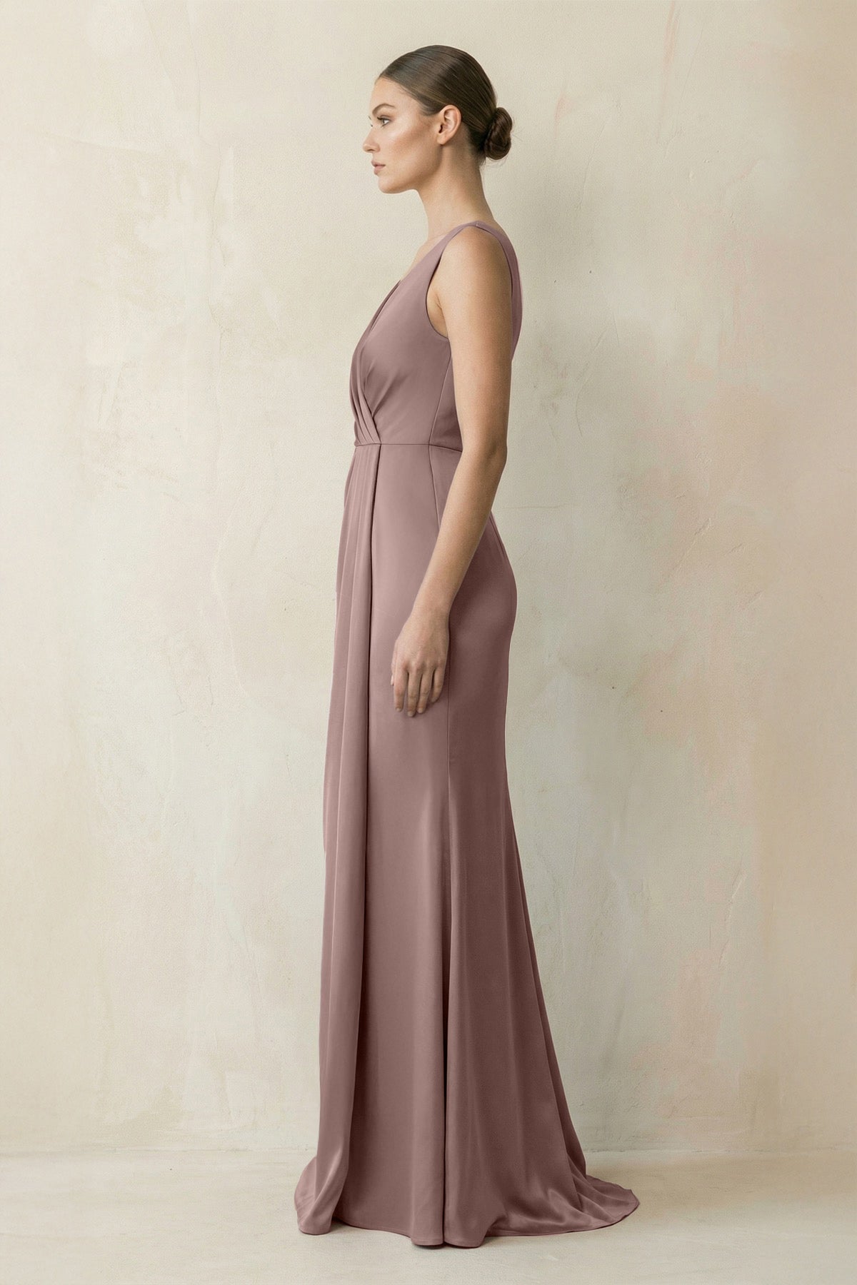 V-Neck Satin Ruched Sheath Bridesmaid Dress in Toffee