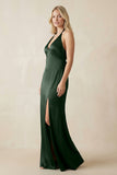 V-Neck Sheath Satin Bridesmaid Dress with Bow in Moss