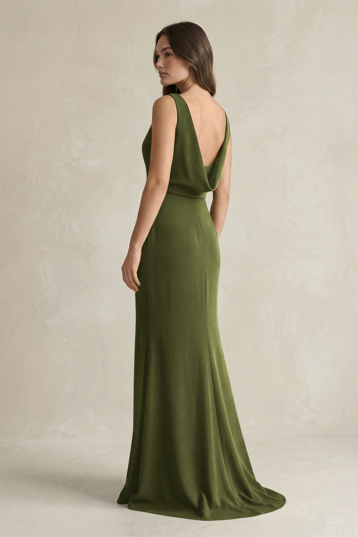V-Neck Sheath Satin Maxi Bridesmaid Dress in Olive