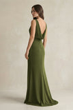 V-Neck Sheath Satin Maxi Bridesmaid Dress in Olive