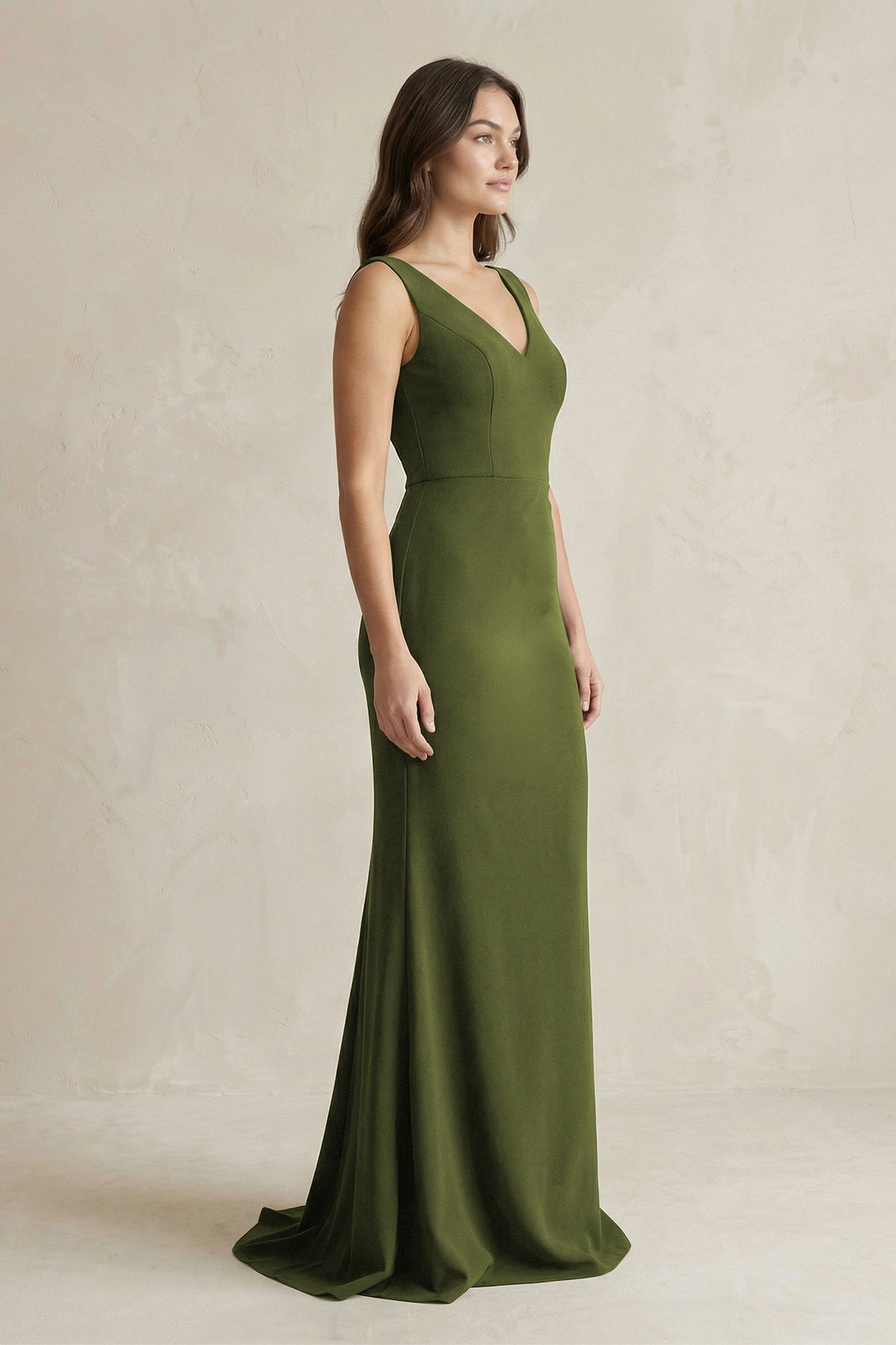 V-Neck Sheath Satin Maxi Bridesmaid Dress in Olive