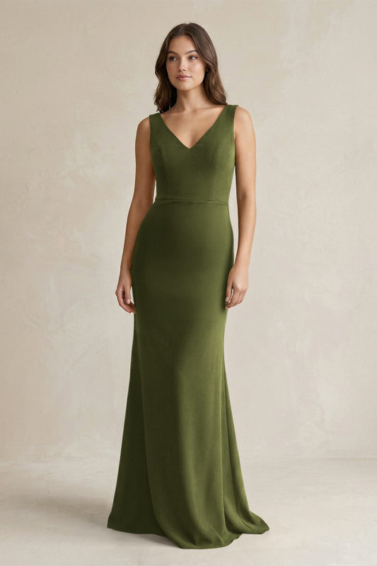 V-Neck Sheath Satin Maxi Bridesmaid Dress in Olive