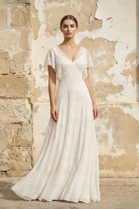 Vintage Graceful Floral V-neck V-back Side Button Decorated Lace Wedding Dress With Butterfly Sleeves